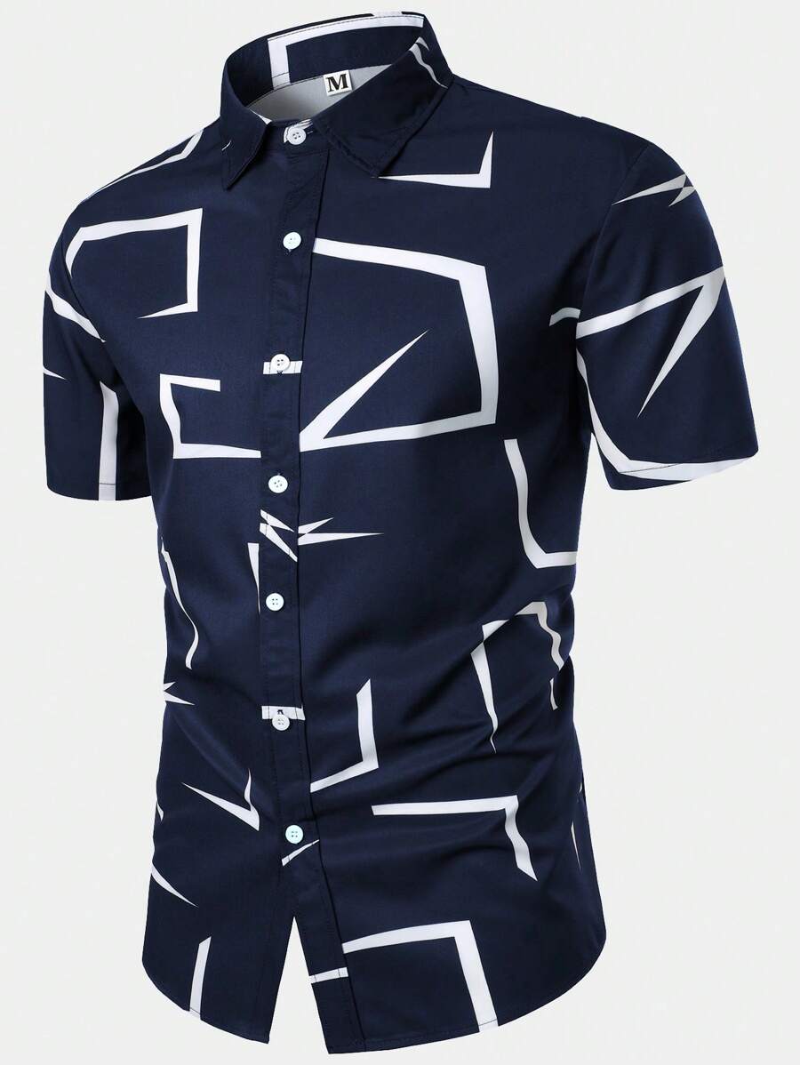 Men's 3D Geometric Pattern Fashion Casual Business Short Sleeve Shirt, Summer - Navy Blue - View 1