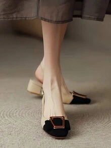 New Women's Pointed Toe Mid Heel Chunky Heel Open Back Shoes, French Style High Heel Pumps, Spring/Summer - Apricot - View 3