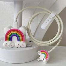 4pcs Cute Rainbow Bear Series Fast Charger Protective Cover Set Compatible With IPhone 11 12 13 14 15 Pro Max, Including Fast Charging Cable, Charger Head, Data Cable Protective Cover - Fun Gift Cable Protector, Charger Protector