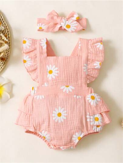 Baby Girls' Cute Daisy Printed Cap Sleeve Shirt + Headband