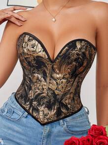 1pc Gold Corset Tops For Women Strapless Lace Up Boned Sweetheart Neck Bodyshaper Bustier Sexy Crop Top