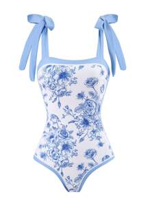 Maiô Modesto de Peça Única com Estampa Floral e Bainha Bufante, Modelagem Slim, Adequado para Férias, Praia, Termas no Verão