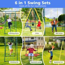 6 In 1 Multifunction Outdoor Kids Swing Set, W/Climbing Frame Glider U-Swing Climbing Net Disc Swing And Basketball Hoop 700 LBS Heavy Duty Large Swing Frame For Backyard Park - Green - View 4