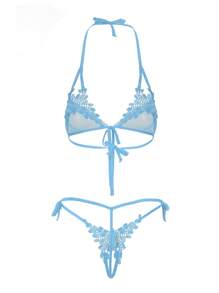 1 Set Light Blue Lace Three-Point Sexy Lingerie Set For Women (Excluding Stockings) - Baby Blue - View 8