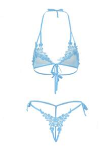 1 Set Light Blue Lace Three-Point Sexy Lingerie Set For Women (Excluding Stockings) - Baby Blue - View 7