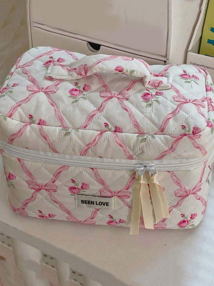 1Pc/Set Bow Knot & Rose Design Quilting Cosmetic Bag, Fashionable Portable Makeup Bag, Multi-Functional Storage Bag For Lipstick, Sanitary Napkin, Coins, Keys Etc, Large Capacity Lovely Wash Bag For Travel Organizer Cosmetic Bag For Travel, Mother's Day Gift, Valentine's Day, Anniversary. Makeup Travel Toiletry Organizer Essentials Gifts Storage Zipper Accessories - Pink - View 7