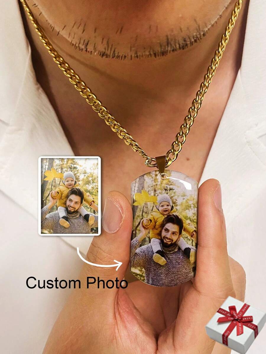 Customized Color Engraved Dog Tag Necklace For Men, Stainless Steel 5mm Chain Pendant, Personalized Memorial Photo Couple Couple Wedding Anniversary Jewelry Gift, Ideal Birthday Present For Children - Gold - View 1