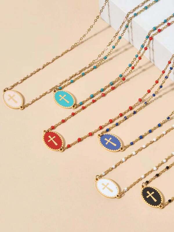 Collier en acier inoxydable doré 18 carats, collier de perles colorées de style bohème, pendentif croix religieux, résistant à la tarnissure