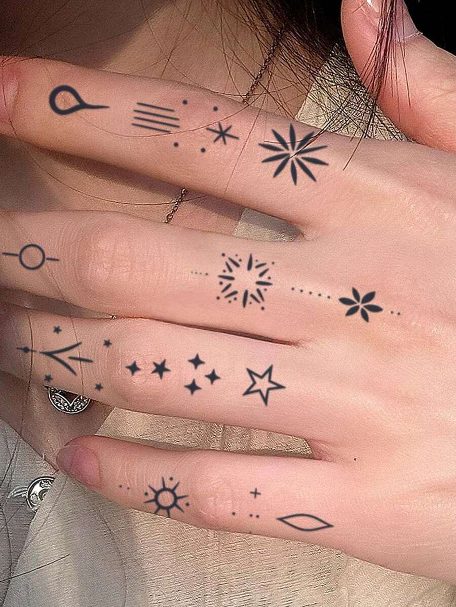 2入組指貼太陽星星暫時性紋身,防水防汗持續1-2週,逼真的草本果汁非反光幾何假黑色假紋身,適用於男女紋身貼紙,可以貼在手指、耳朵、脖子、腳上,現代主義身體藝術 - 黑色 - 查看 1