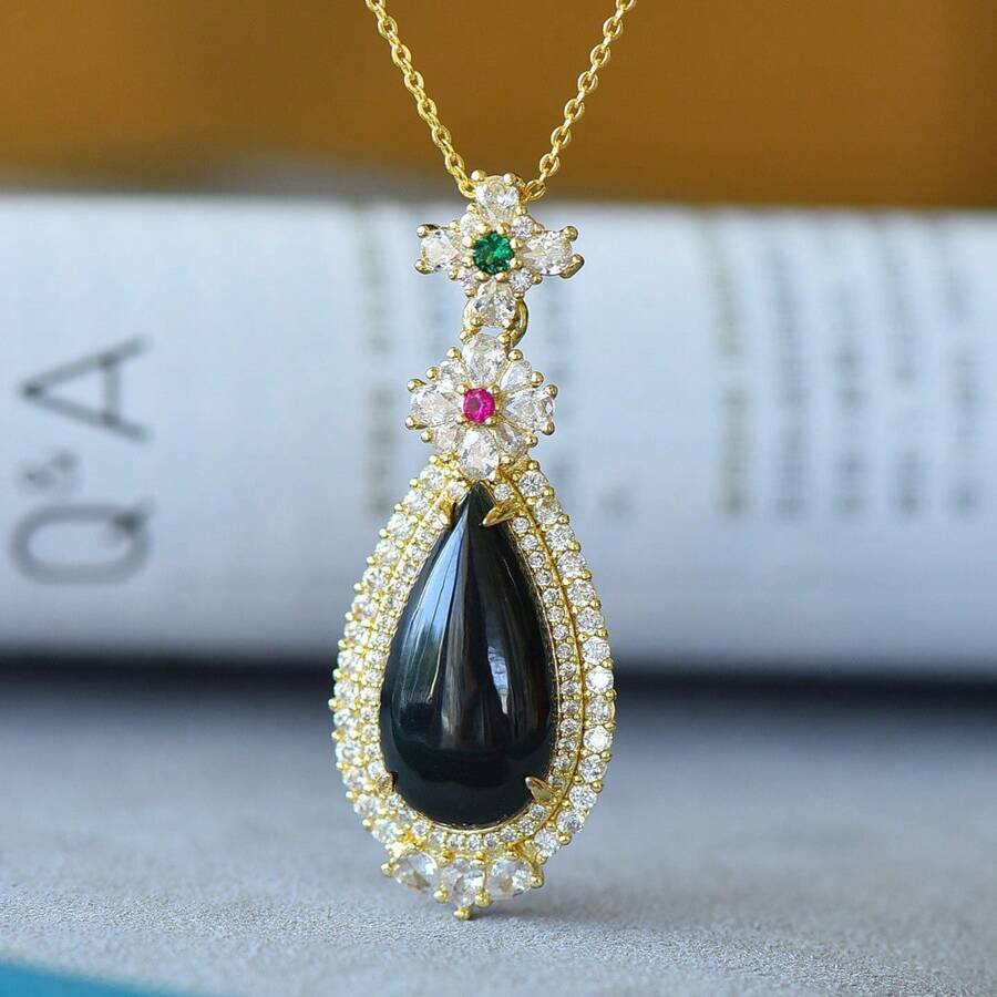 1入組天然黑色寶石項鏈套裝吊墜，黑色寶石鍍金鑲嵌裝飾，金色碧玉時尚珠寶，女士項鏈飾品，寶石項鏈，假日禮物，送給她的禮物。 - O2 - 查看 1