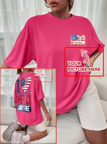 Customized Gift For Christmas, Thanksgiving, Women's T-Shirt - Add Your Own Text/Image (Slogan, Name, Badge, Company Logo, Family Photo, Selfie) To Design Your Personalized Printed T-Shirt, Anniversary, Valentine's, Christmas, Thanksgiving, New Year Patterns, Baby/Couple/Family/Pet Photos, Custom T-Shirt - Hot Pink - View 1