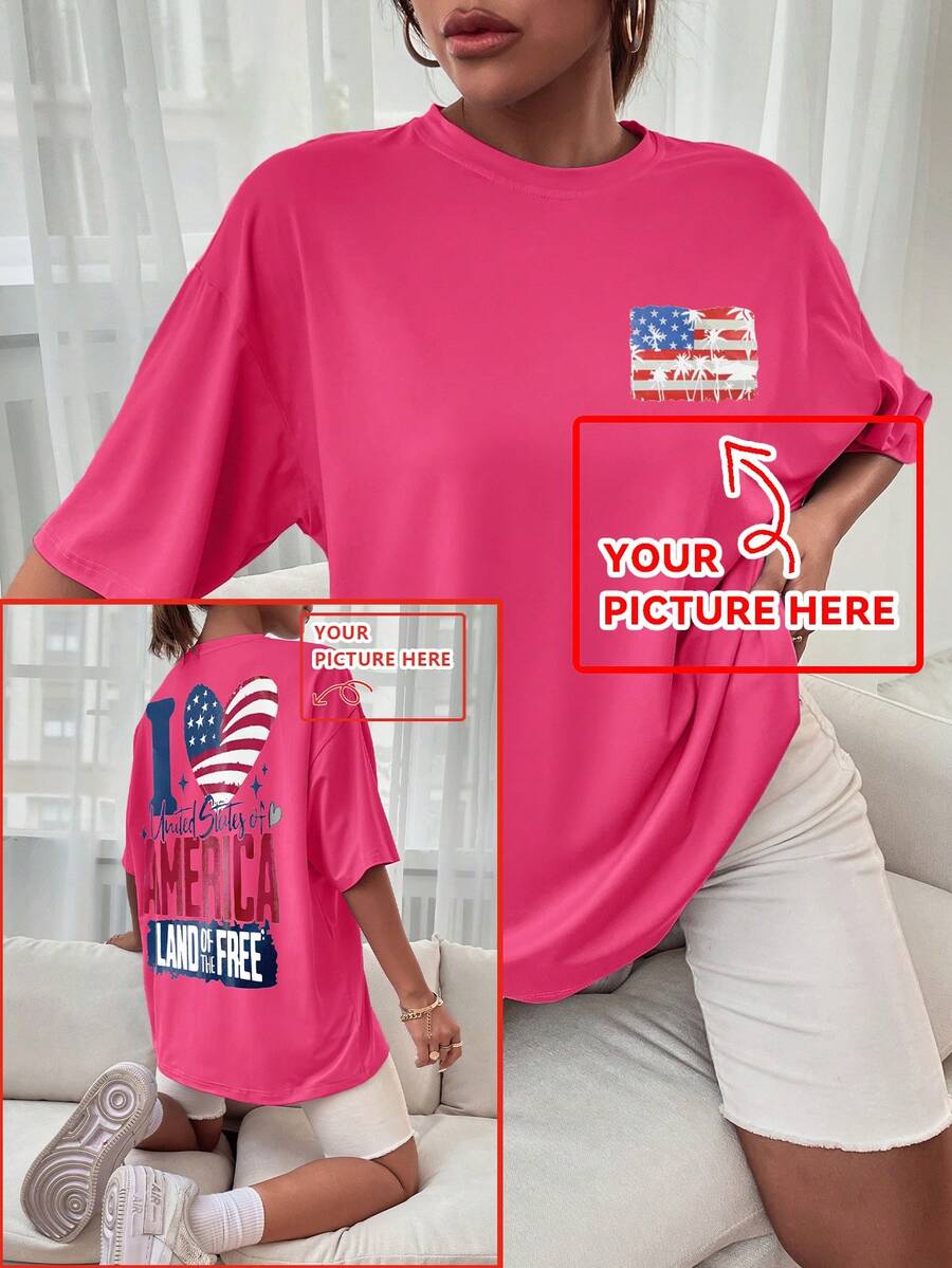 Customized Gift For Christmas, Thanksgiving, Women's T-Shirt - Add Your Own Text/Image (Slogan, Name, Badge, Company Logo, Family Photo, Selfie) To Design Your Personalized Printed T-Shirt, Anniversary, Valentine's, Christmas, Thanksgiving, New Year Patterns, Baby/Couple/Family/Pet Photos, Custom T-Shirt - Hot Pink - View 1