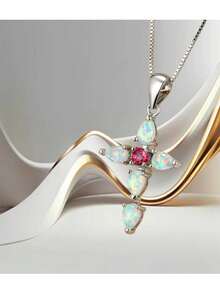 1 pieza Collar con colgante cruzado de diamantes incrustados, estilo de verano para realzar su piel clara. Longitud ajustable, adecuado para fiestas y uso diario - Un collar de cadena fina de ópalo de imitación de diamantes con engaste de cruz blanco de verano - Ver 6