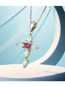 1 pieza Collar con colgante cruzado de diamantes incrustados, estilo de verano para realzar su piel clara. Longitud ajustable, adecuado para fiestas y uso diario - Un collar de cadena fina de ópalo de imitación de diamantes con engaste de cruz blanco de verano - Ver 2