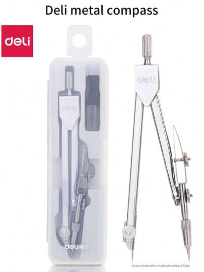  1 Set Of Deli Compass, Metal Stainless Steel Compass, Engineering Design And Drawing Instrument, Student Included Pen Core Compass Set Back To School