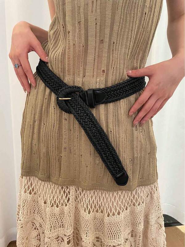 1pc Women's Black Polyester Material Simple Design Casual Hollow Out Woven Belt For Slouchy People