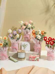 5 件成品手工钩针紫色花束手工针织花束钩针花束套装针织假向日葵玫瑰雏菊适合母亲节生日婚礼圣诞节感恩节礼物和家居装饰，秋季装饰，秋季 - 紫色 - 查看 2