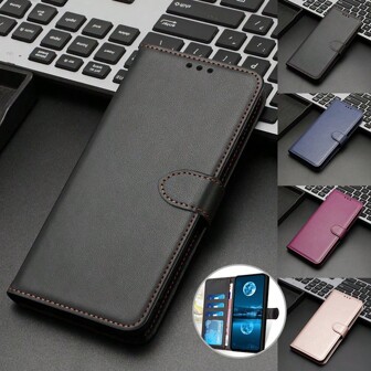 Magnetic Flip Cover With 3 Card Slots Photo Frame And Cash Pocket PU Leather Wallet Case Compatible With IPhone 15 14 13 12 11 Galaxy S24 S23 S22 S21 S20 A13 A14 A15 A55 A35 A34 A54 Redmi Note 13 12 11 10 9 Solid Color Phone Cases With Hand-Strap