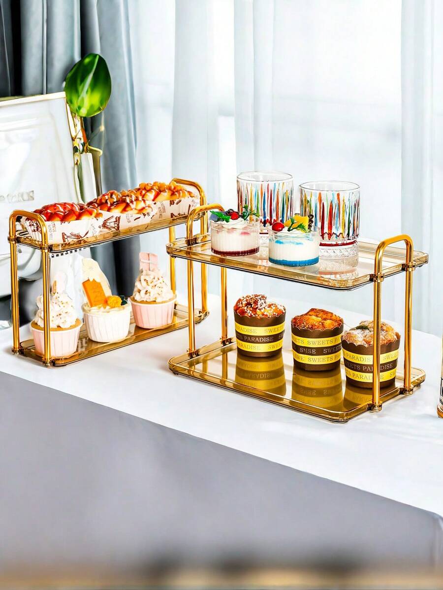 1 件双层豪华蛋糕架，高端家居客厅装饰塑料水果盘和杯架，适用于家庭、酒店、派对和婚礼、厨房、圣诞礼物 - 香檳色 - 查看 1