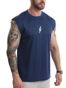 男友风男士运动无袖背心，适合户外跑步、健身，速干上身运动服，基础印花T恤，夏季款 - 藏蓝色 - 查看 4
