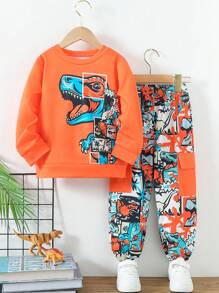 Conjunto casual de 2 piezas de top de manga larga con cuello redondo + pantalones cargo con estampado de dinosaurio para niño pequeño, adecuado para actividades al aire libre, deportes, primavera y otoño - Naranja - Ver 4