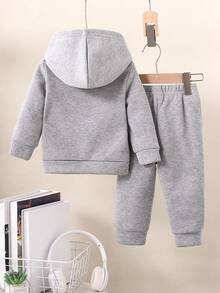 2入組時尚貓表情印花嬰兒女童連帽上衣和長褲套裝，秋冬季 - 灰色 - 查看 2