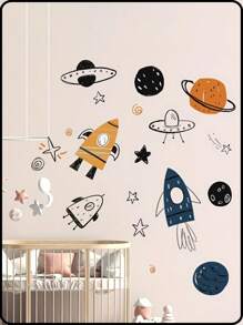 1 件外太空幼儿园墙贴 - 火箭飞船、宇航员和星球装饰，适用于男孩房间 - 乙烯基装饰，充满乐趣和想象力的太空主题婴儿淋浴家庭装饰礼物 - 彩色 - 查看 1