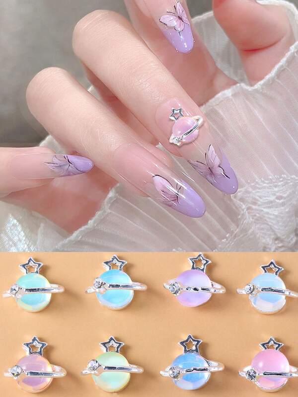 5Pcs Aurora Holographic Happy Planet Mermaid Saturn Planet Manicure Alloy Decorations Nail Supplies Nails Nail Charms Nail Gems