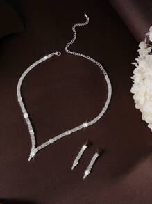 3pcs/Set V-Shape Fashionable Cubic Zirconia Jewelry Set Including Earrings, Necklace, Suitable For Women's Wedding, Festival, Birthday, Party