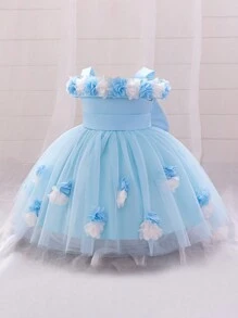 女婴花朵薄纱可爱蓬蓬花童礼服，适合一周岁生日庆祝和外出，不含头饰 - 淺藍色 - 查看 4