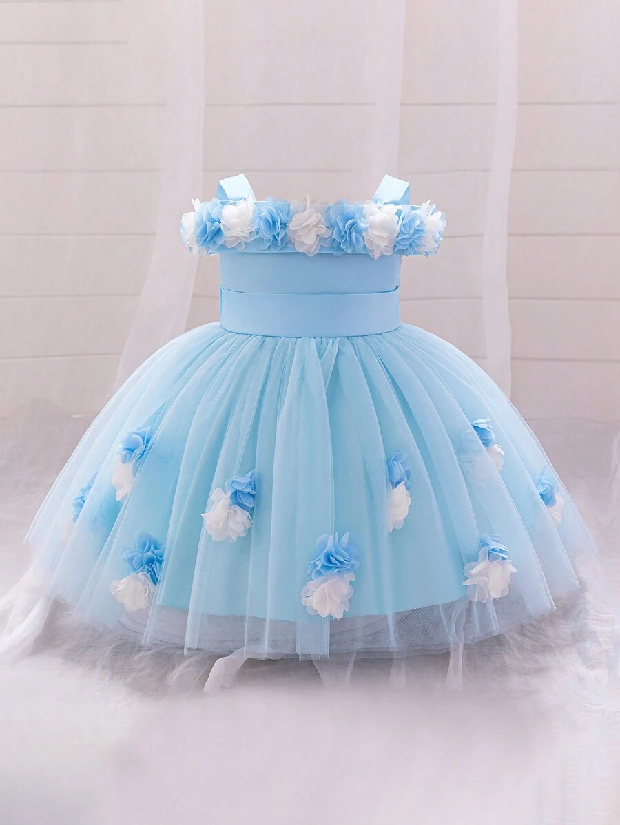 Baby Girls Floral Tulle Cute Puffy Flower Girl Wedding Dress, Suitable For 1st Birthday Celebration And Outing, Excluding Headband - Baby Blue - View 1