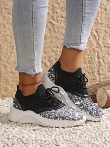 Women's Fashion Silver Glitter Waterproof Platform Athletic Shoes, Non-Slip Breathable Flat Casual Shoes