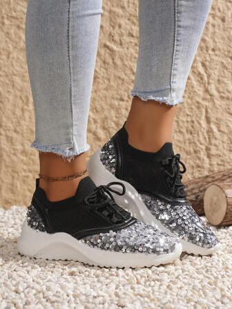Women's Fashion Silver Glitter Waterproof Platform Athletic Shoes, Non-Slip Breathable Flat Casual Shoes