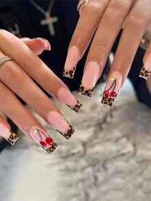 24 piezas Uñas postizas cuadradas largas francesa con estampado de leopardo y diseño de cereza, uñas postizas falsas de cobertura completa brillante para mujeres y niñas - Multicolor - Ver 1