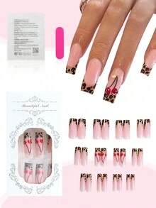 24 piezas Uñas postizas cuadradas largas francesa con estampado de leopardo y diseño de cereza, uñas postizas falsas de cobertura completa brillante para mujeres y niñas - Multicolor - Ver 2