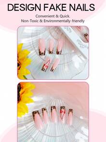 24 piezas Uñas postizas cuadradas largas francesa con estampado de leopardo y diseño de cereza, uñas postizas falsas de cobertura completa brillante para mujeres y niñas - Multicolor - Ver 3