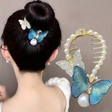 1入組婚禮宴會配件，彩虹色蝴蝶夾頭飾附穗子，花和珍珠穗子頭髮夾 Royal - 彩色 - 查看 6