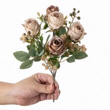 1/3束仿真牡丹花束，丝绸刺绣玫瑰假花，适合春秋季装饰、婚礼花瓶、家居、餐厅、卧室、厨房、浴室、母亲节、节日、生日派对、户外花园、圣诞节装饰 - 玫瑰花束-咖啡色 - 查看 4