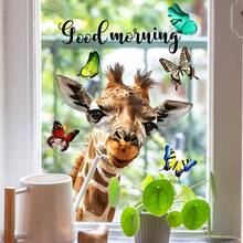 1pc, Cartoon Giraffe Butterfly English Window Sticker, Window Glass Decoration Double-Sided Printing Can Be Window Paste Wall Sticker - Multicolor - View 2