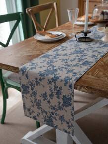 Vintage Blue Floral Table Runner, Linen-Look Polyester Farmhouse Table Decor For Dining Table, Kitchen Island & Entryway - Multicolor - View 8