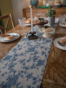 Vintage Blue Floral Table Runner, Linen-Look Polyester Farmhouse Table Decor For Dining Table, Kitchen Island & Entryway - Multicolor - View 7