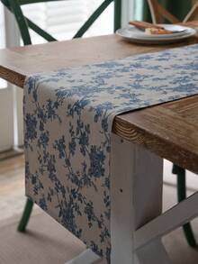 Vintage Blue Floral Table Runner, Linen-Look Polyester Farmhouse Table Decor For Dining Table, Kitchen Island & Entryway - Multicolor - View 10