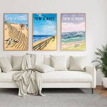 Bộ 3 bức tranh nghệ thuật ven biển New York Canvas cổ điển Poster phong cảnh trừu tượng Bức tranh cổ điển In ảnh treo tường cho phòng khách Phòng ngủ Trang trí nhà cửa, Không có khung - màu đen - Xem 1