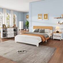 Sweiko Sweiko Complete slaapkamerset, 3-delig. Modern tweepersoonsbed + nachtkastje + ladekast, tweepersoonsbed 160x200cm met middenvoet, nachtkastje met 2 lades, ladekast met 3 lades en 2 deuren, wit + naturel