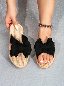 Bowknot Slippers Women's Fashionable Beach Sandals, Plus Size Wide-Fit Outdoor Slip-Ons With Bow Decoration - Black - View 7