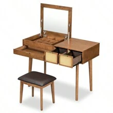 MERAX 43.3" Classic Wood Makeup Vanity Set With Flip-Top Mirror And Stool, Dressing Table With Three Drawers And Storage Space - màu nâu - Xem 10
