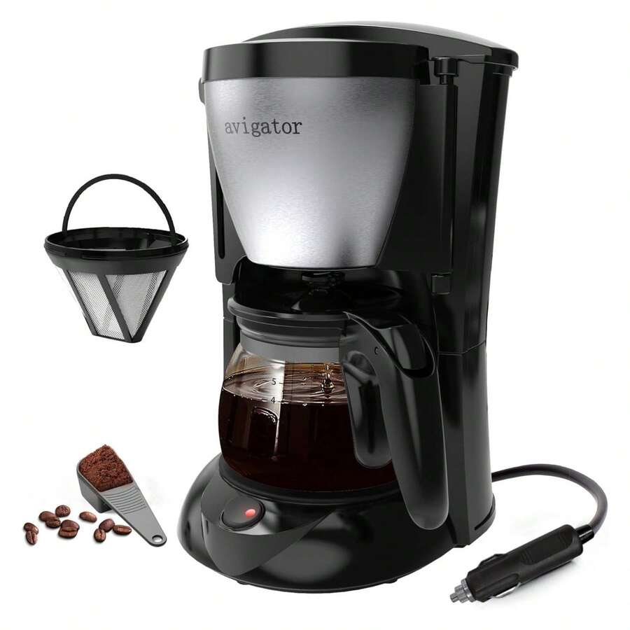 5-Cup Car Coffee Maker With Car Charging Cigarette Lighter, 24V Travel Coffee Maker With Fast Heating, Glass Carafe, Compatible With Ground Coffee For Driving Camping RV Silver Black - 彩色 - 查看 1