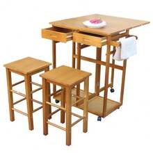 Square Solid Wood Folding Dining Cart With 2 Free Stools Brown - 棕色 - 查看 3