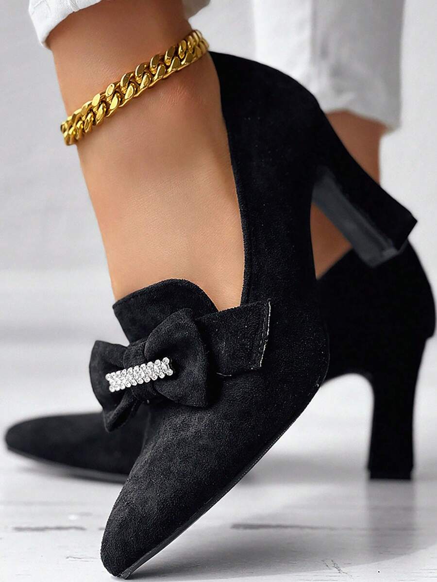 Damen schwarze High Heel Schuhe, mit Strass Schleife Dekor, Slip-On Pumps mit spitzer Zehenform, bequeme Schuhe für Lässig & Party
