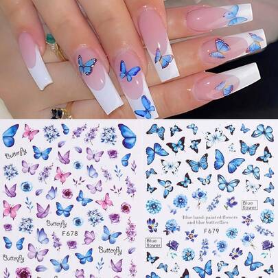 2入組多彩藍紫蝴蝶花葉美甲貼紙，DIY Y2K風格美甲貼紙，裝飾美甲設計提示，美甲配件禮物